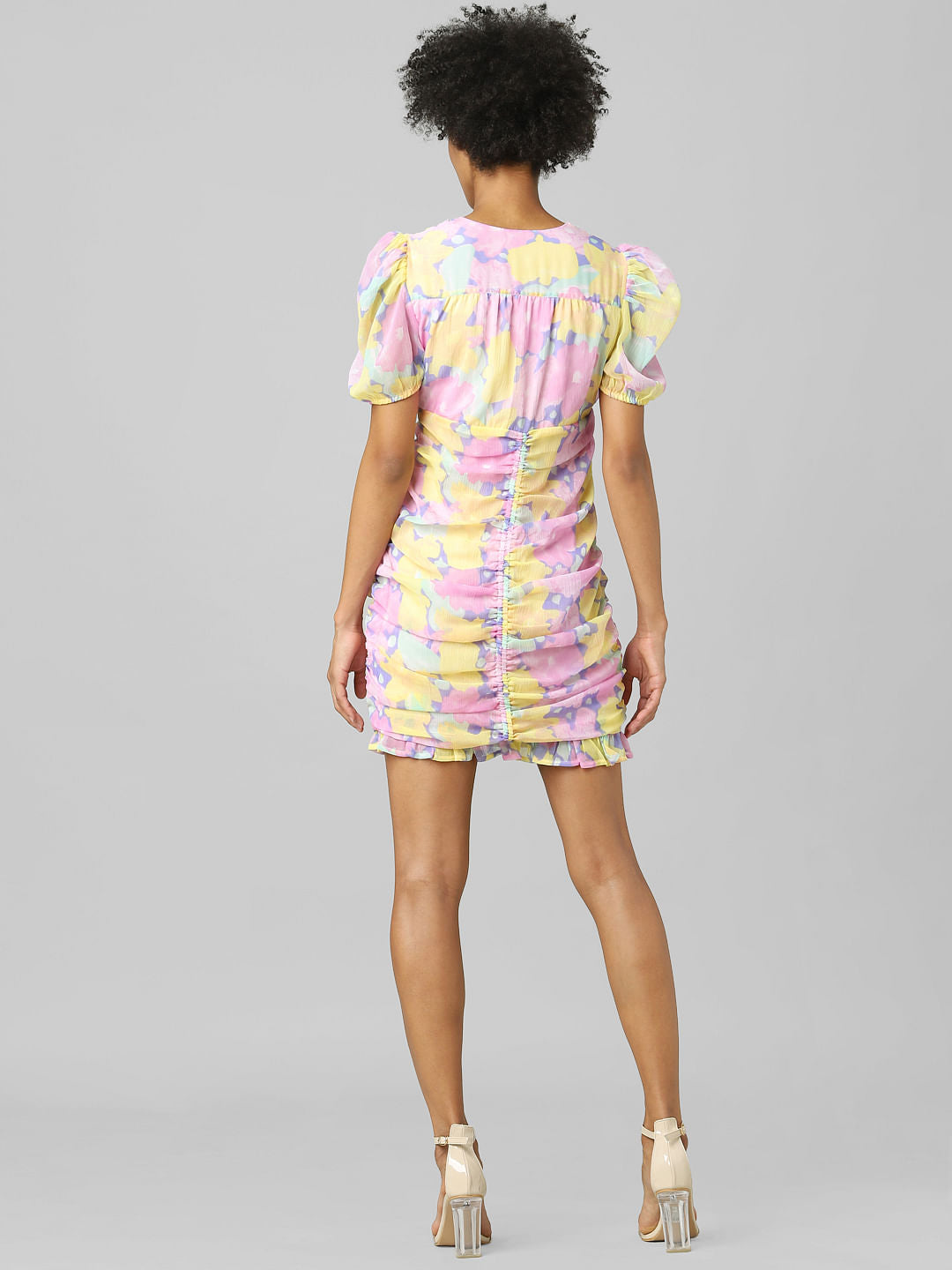 Multi-Coloured Floral Ruched Dress