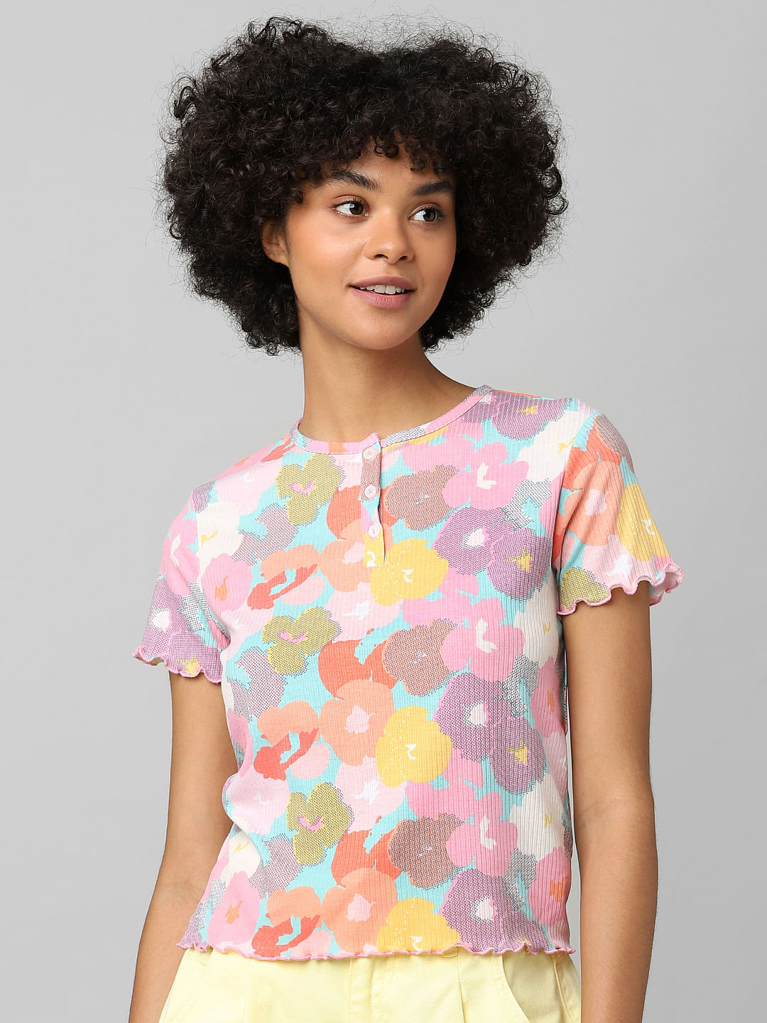 Multi-Colour Floral Ribbed T-Shirt