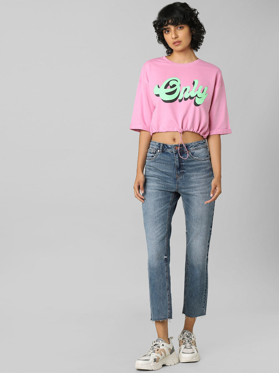 Pink Logo Print Cropped Sweatshirt