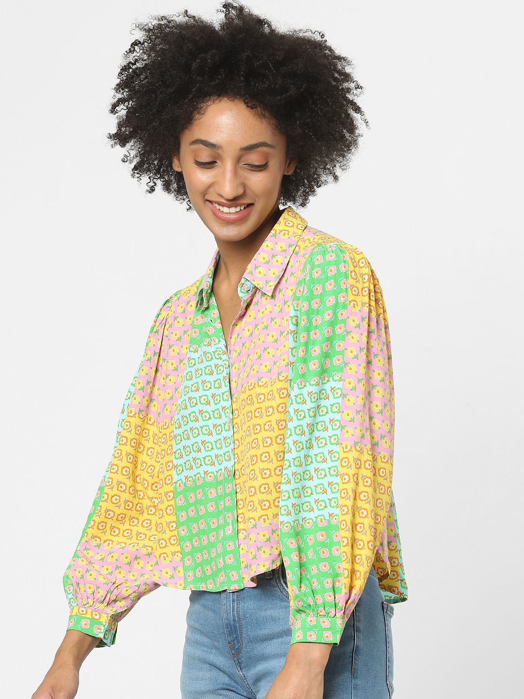 Green Colourblocked Printed Shirt