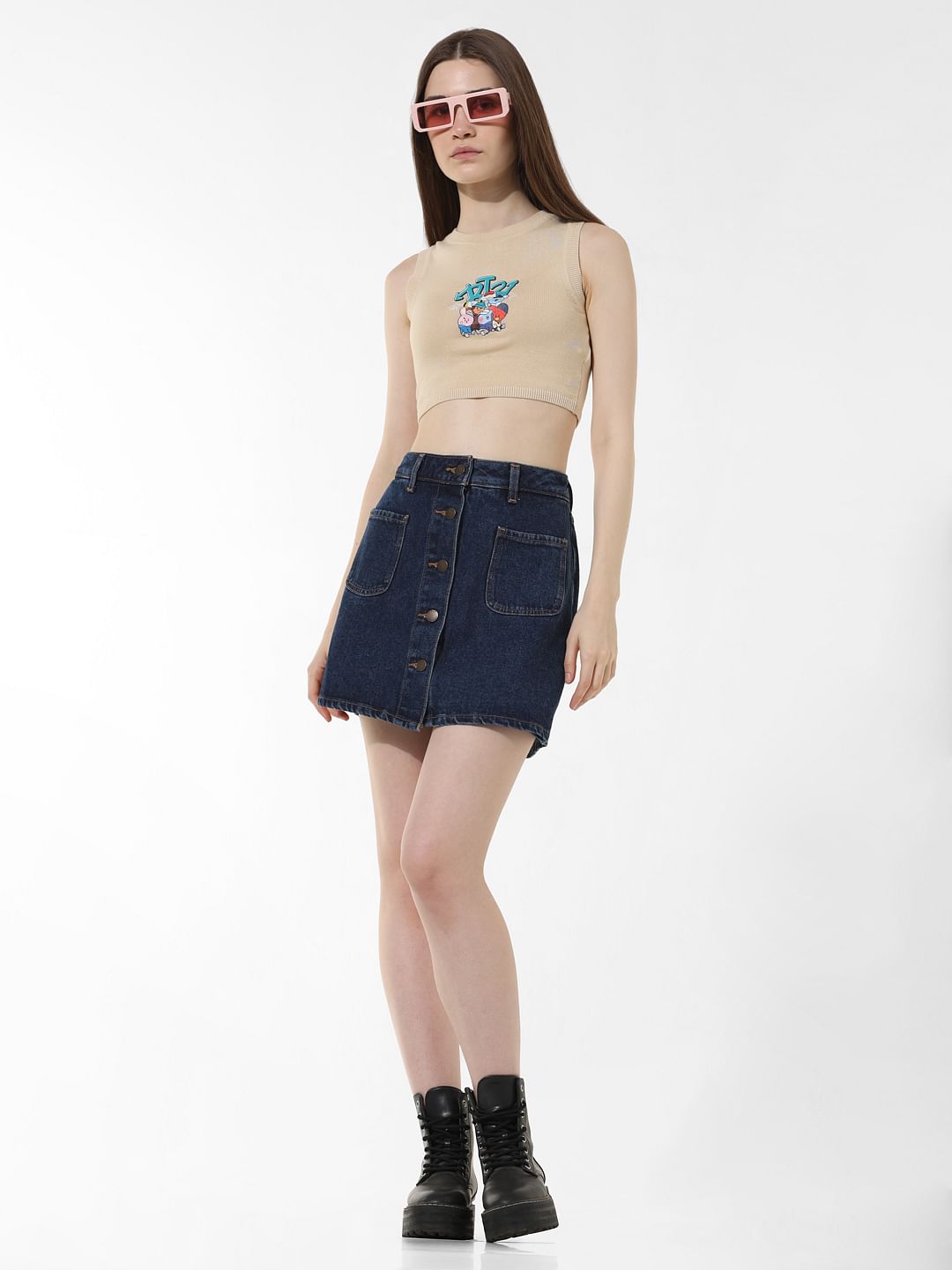 Dark Blue High Rise Denim Skorts