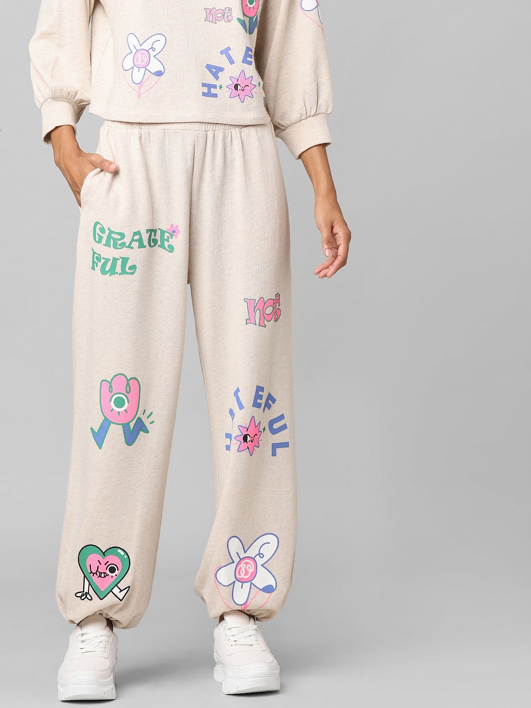 Beige Mid Rise Graphic Print Co-Ord Joggers