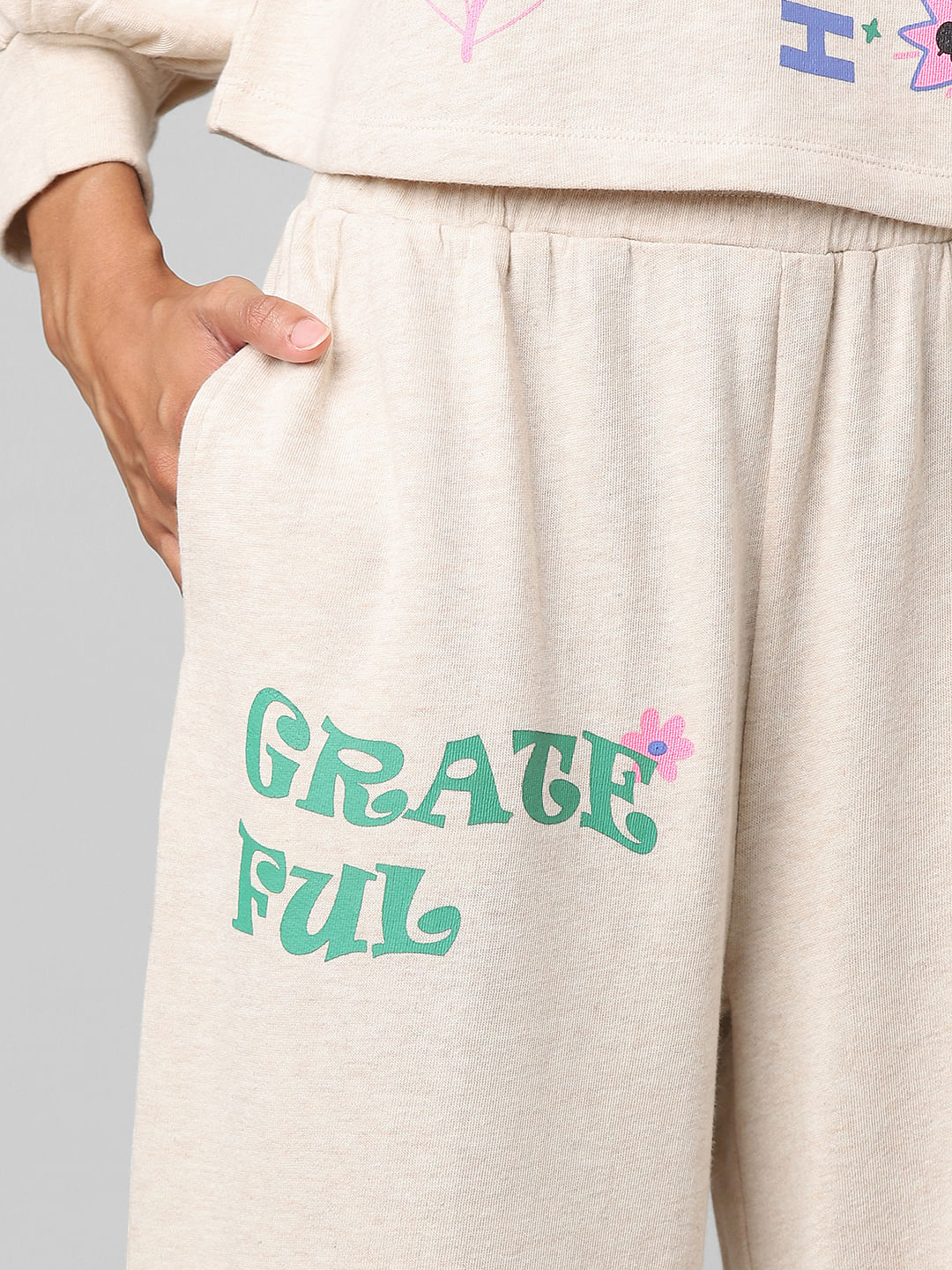 Beige Mid Rise Graphic Print Co-Ord Joggers