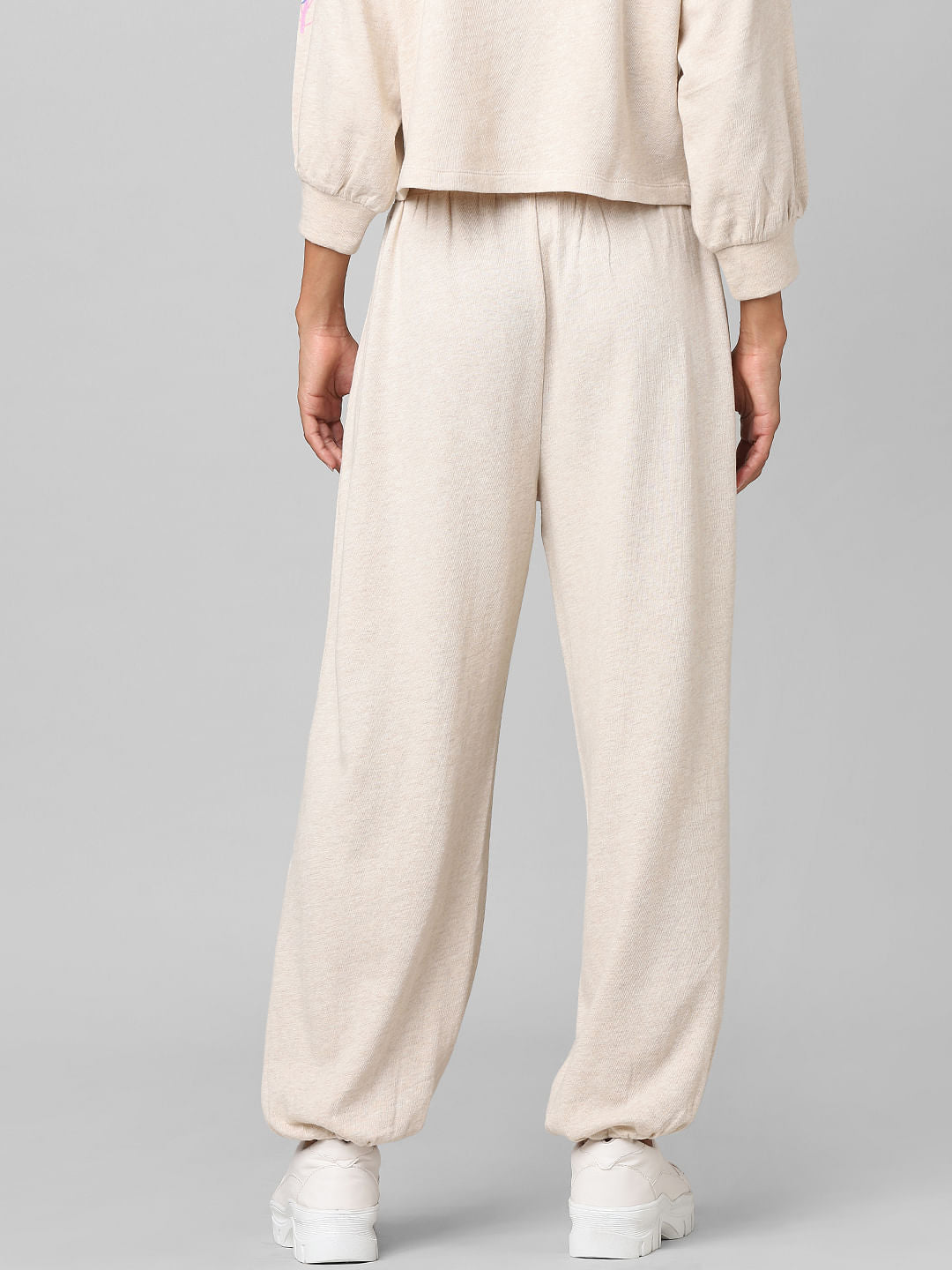 Beige Mid Rise Graphic Print Co-Ord Joggers