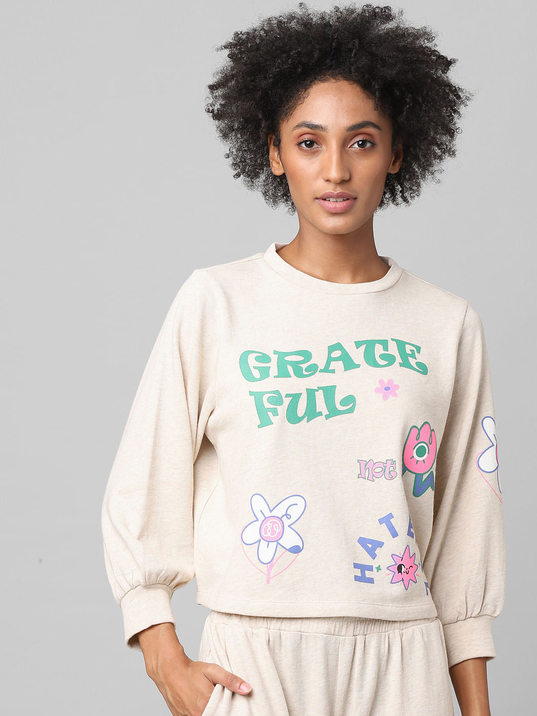 Beige Graphic Print Co-Ord Sweatshirt