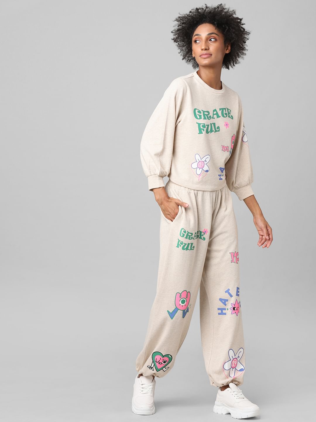 Beige Graphic Print Co-Ord Sweatshirt
