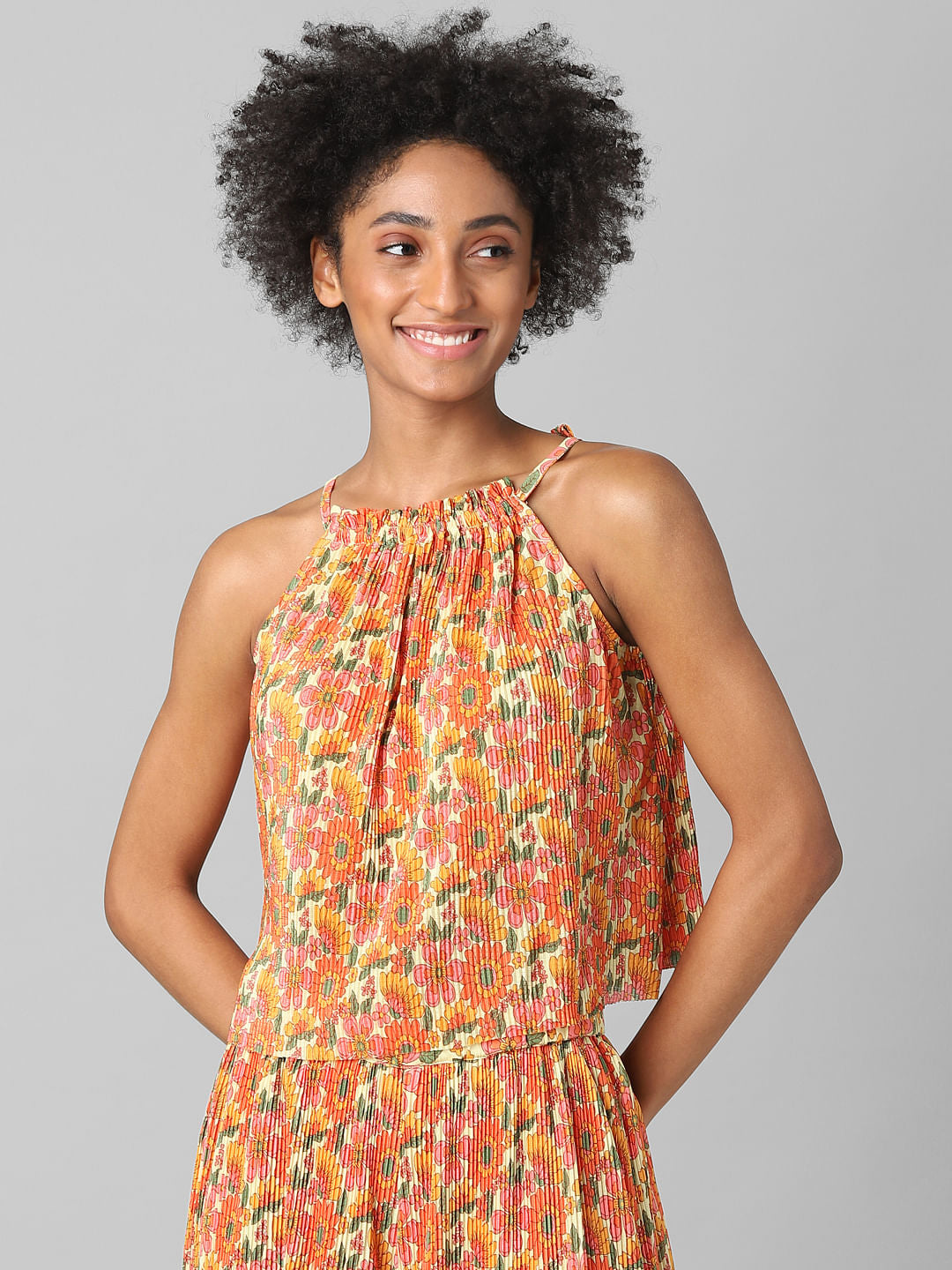Orange Floral Plisse Co-Ord Top