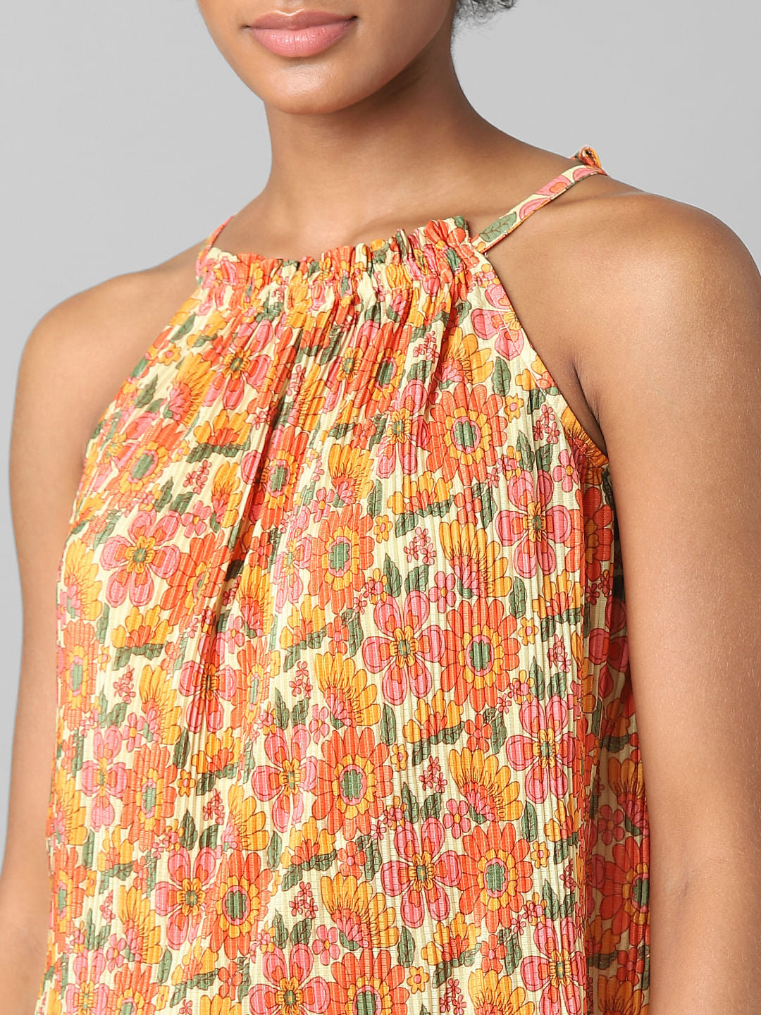 Orange Floral Plisse Co-Ord Top