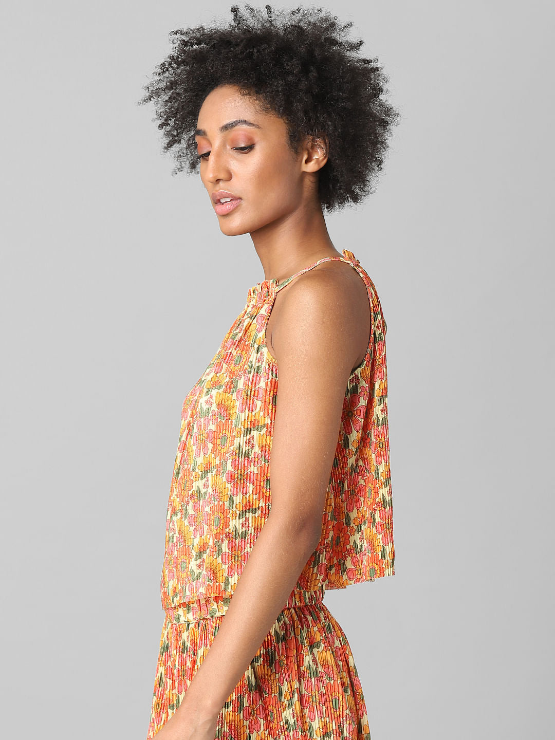 Orange Floral Plisse Co-Ord Top