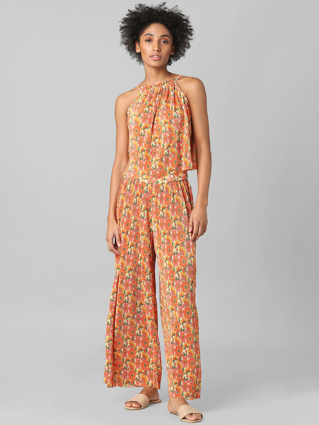Orange Floral Plisse Co-Ord Top