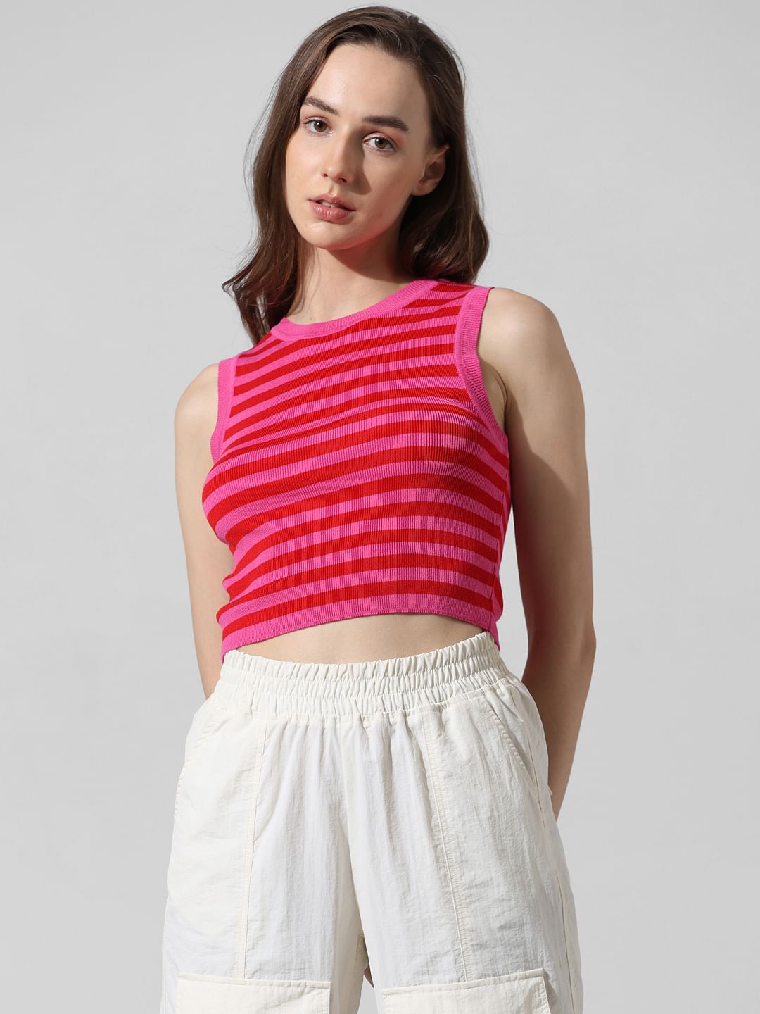 Pink Striped Cropped Vest Top