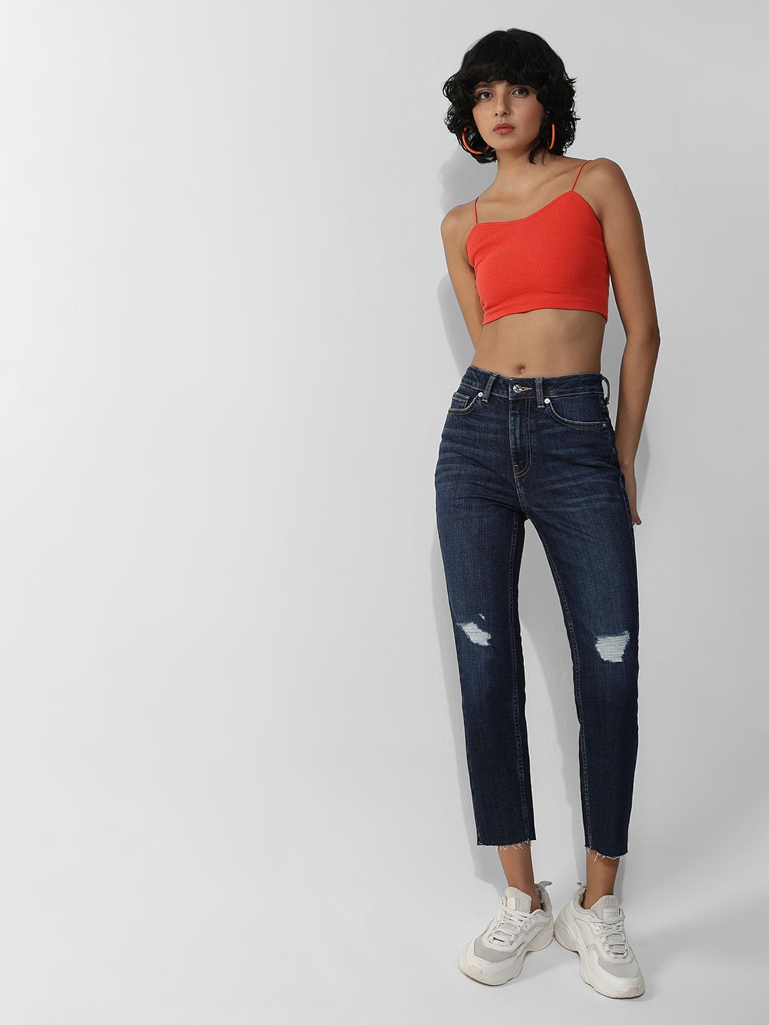 Dark Blue High Rise Distressed Straight Fit Jeans