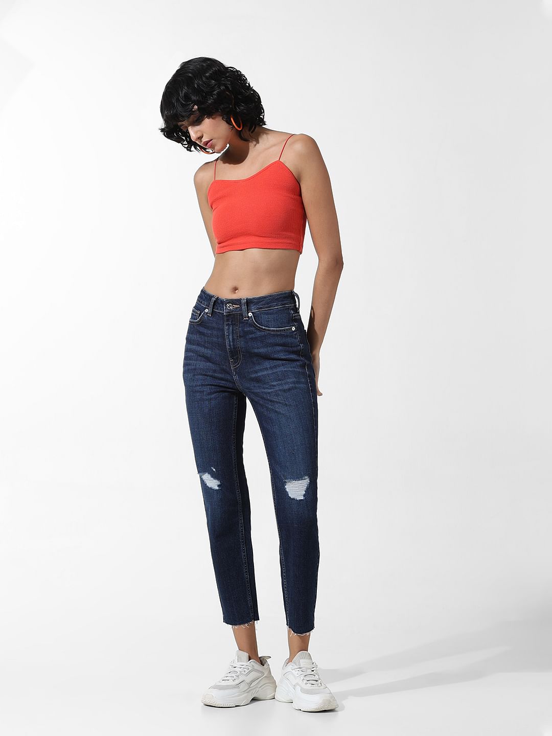 Dark Blue High Rise Distressed Straight Fit Jeans