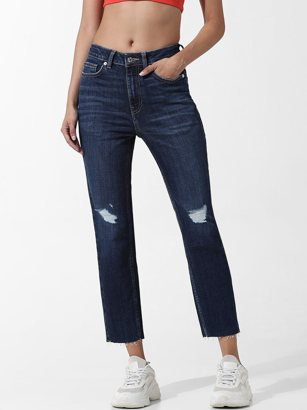 Dark Blue High Rise Distressed Straight Fit Jeans