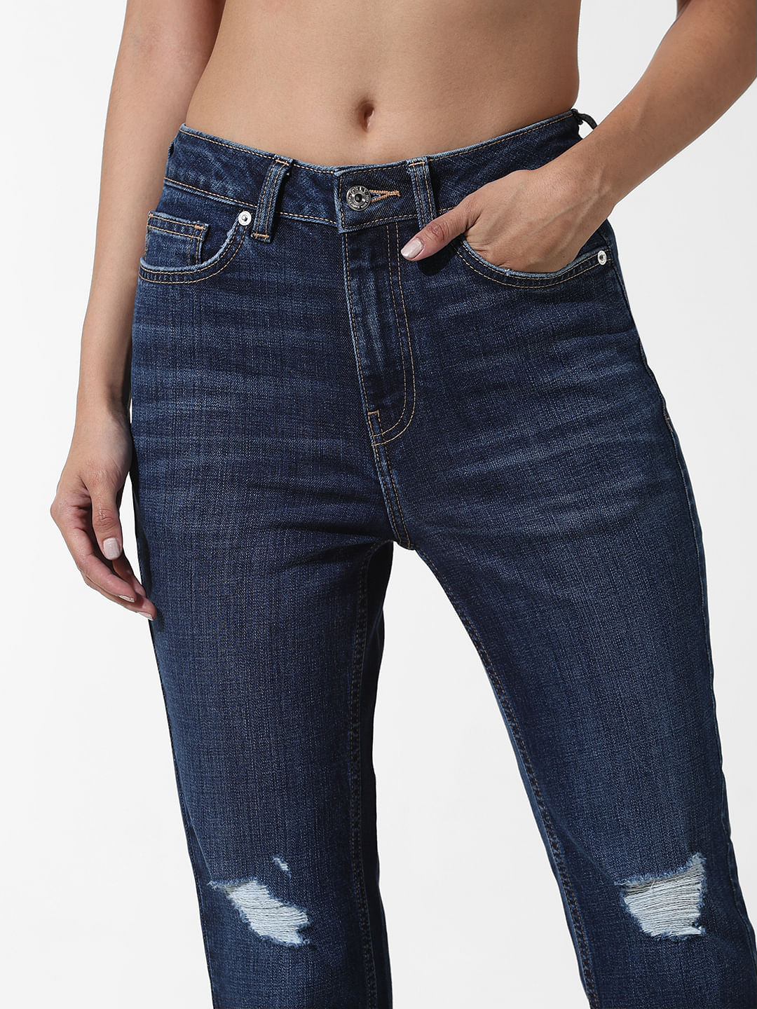 Dark Blue High Rise Distressed Straight Fit Jeans