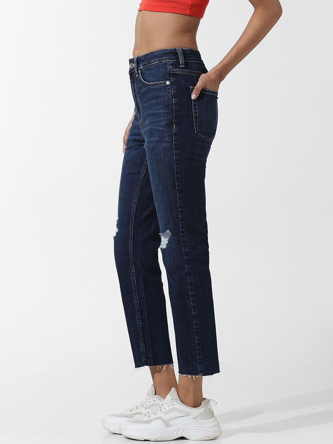 Dark Blue High Rise Distressed Straight Fit Jeans