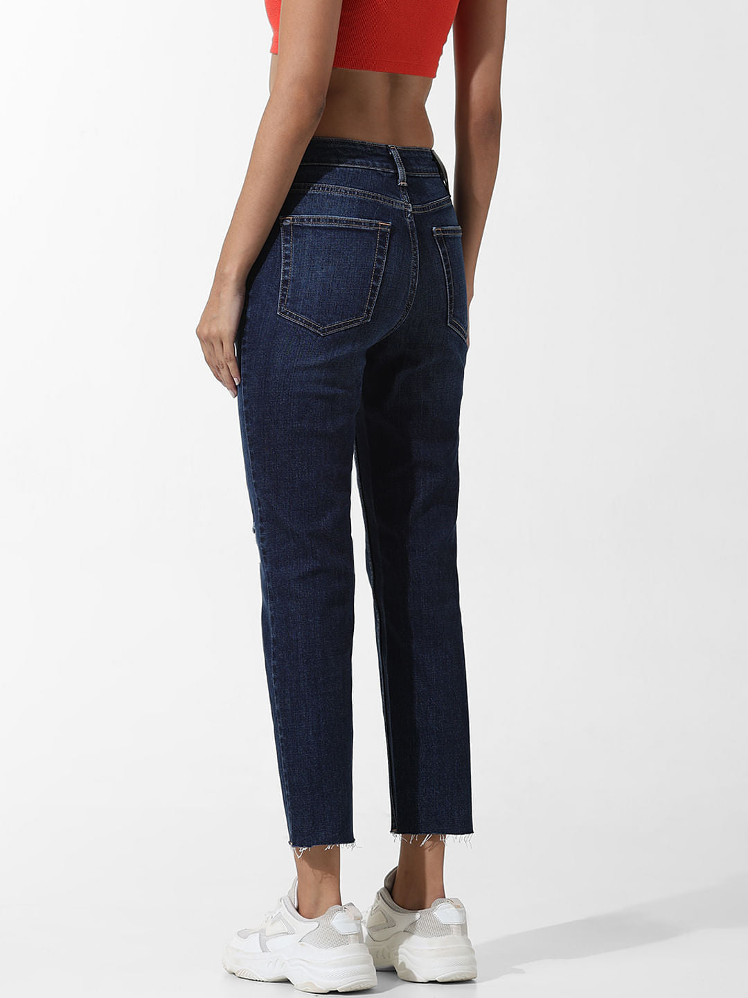 Dark Blue High Rise Distressed Straight Fit Jeans