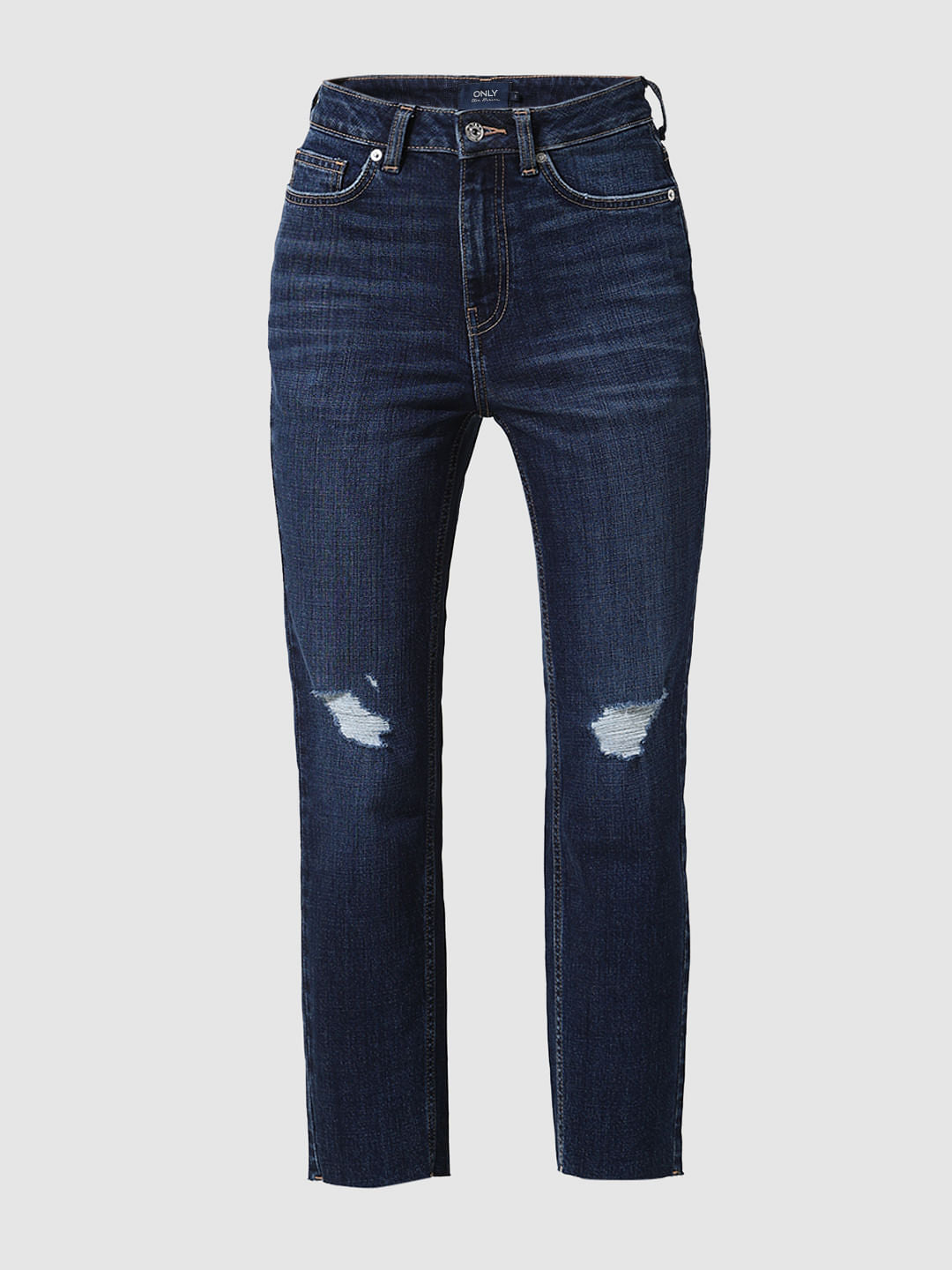 Dark Blue High Rise Distressed Straight Fit Jeans