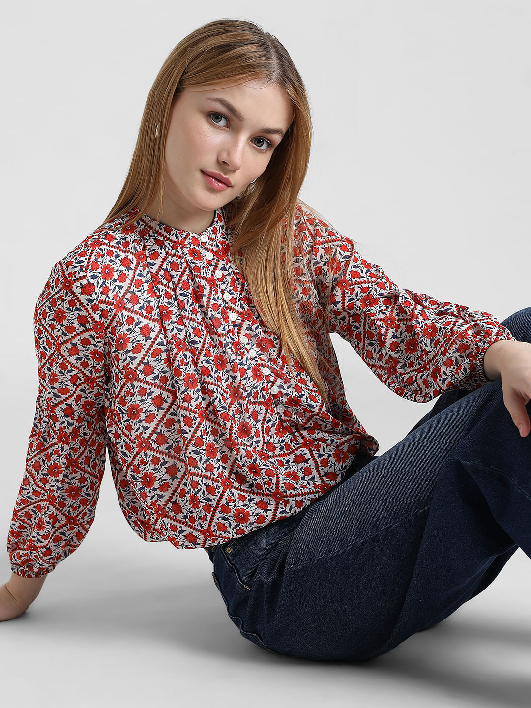 White & Red Floral Top