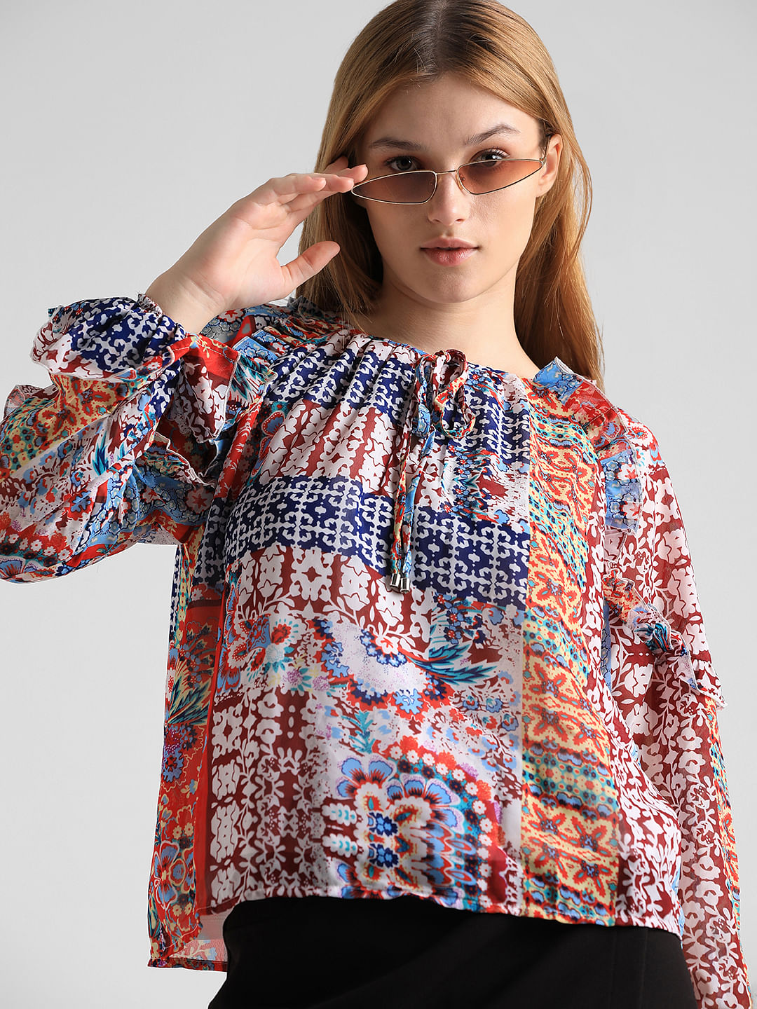 Red Abstract Print Frill Top