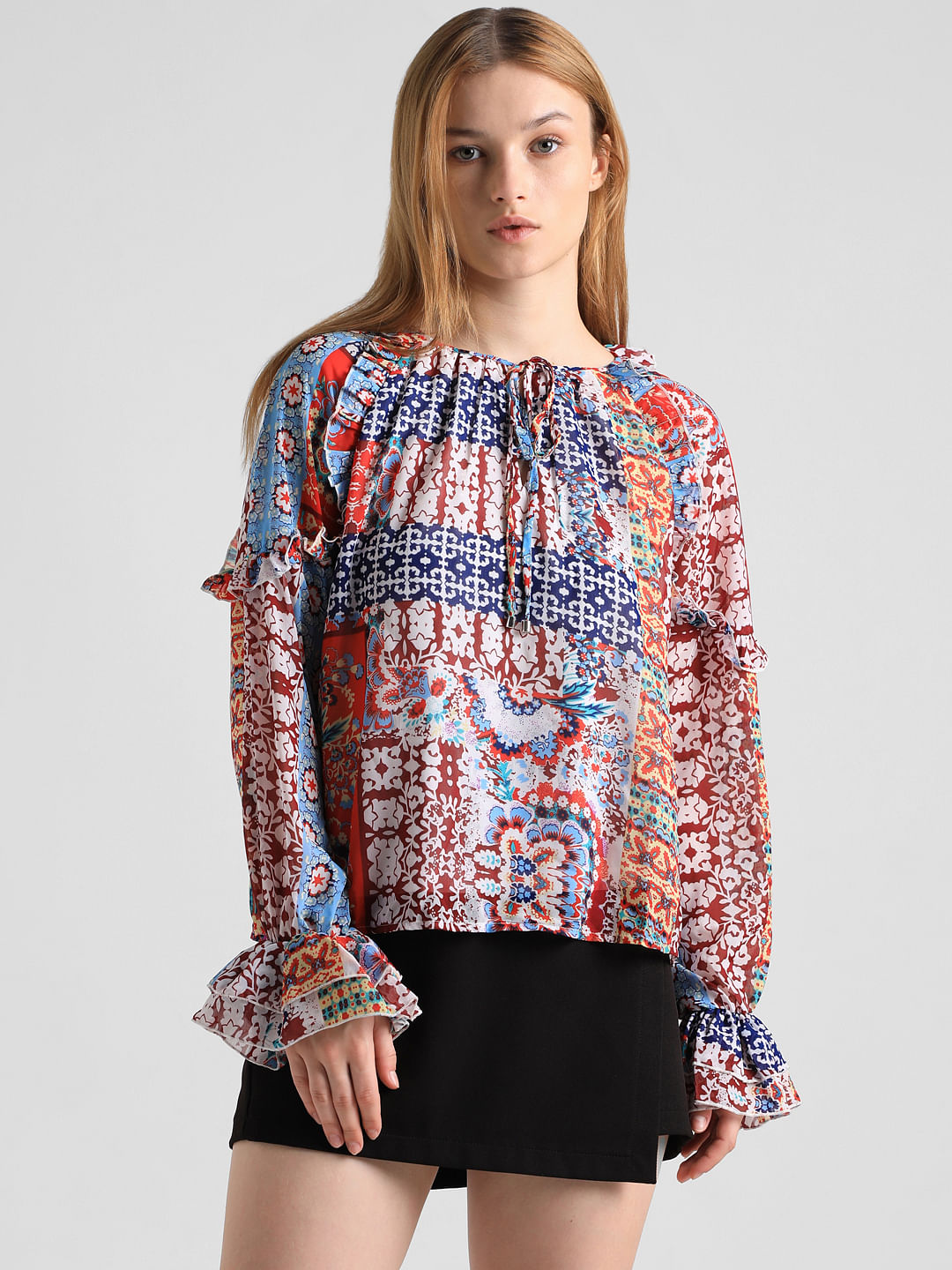 Red Abstract Print Frill Top