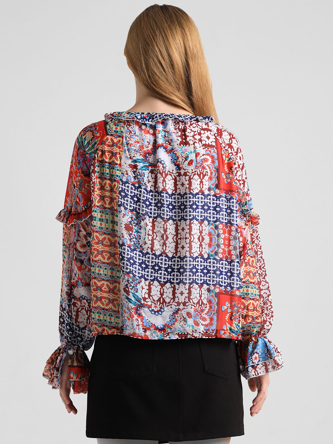 Red Abstract Print Frill Top