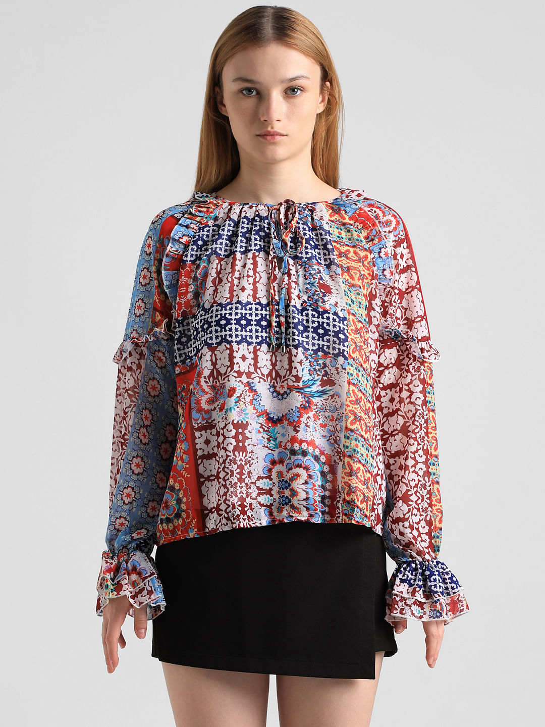 Red Abstract Print Frill Top