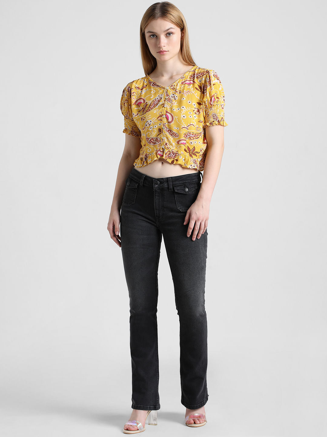 Yellow Printed Cropped Top