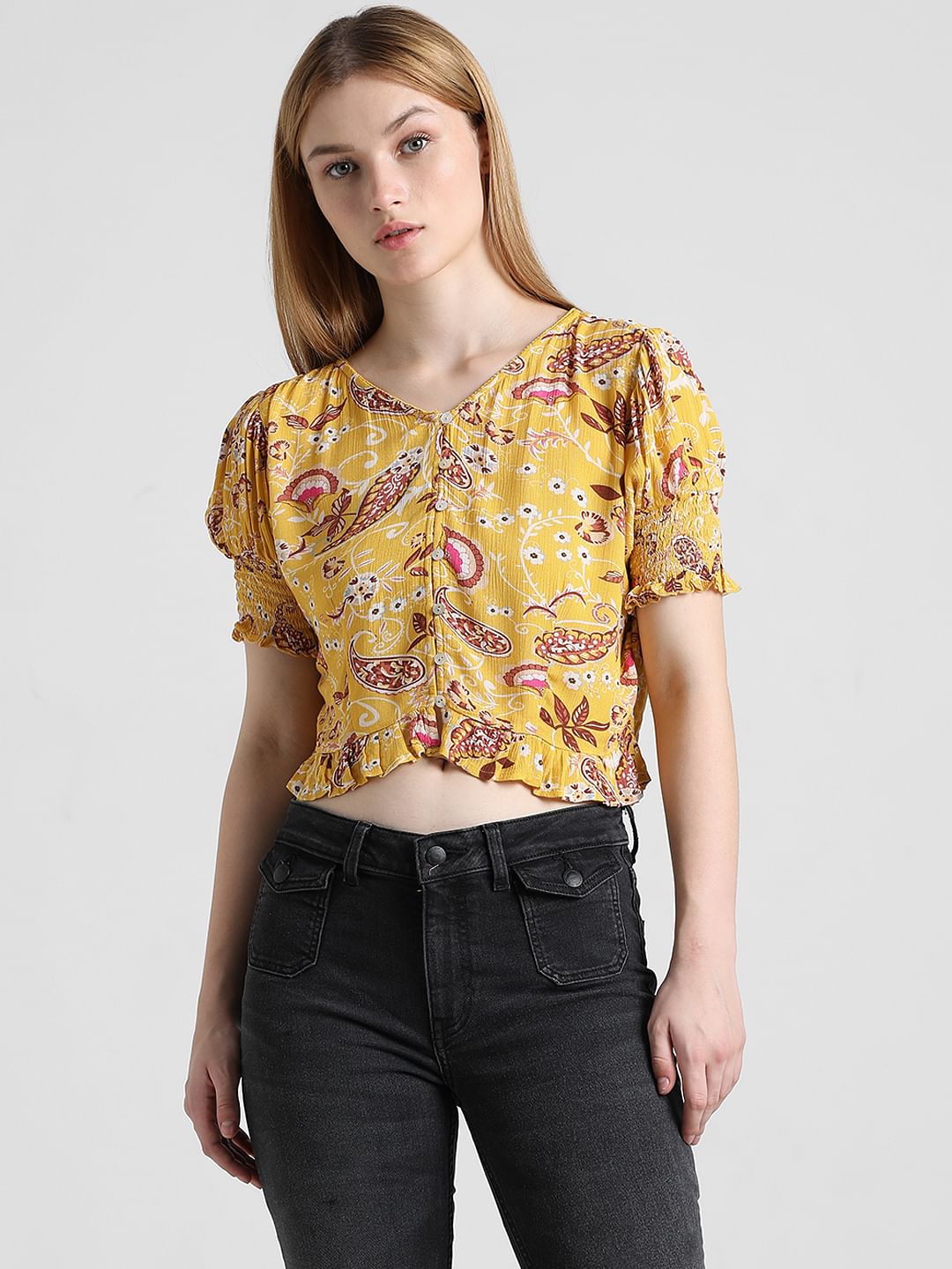 Yellow Printed Cropped Top