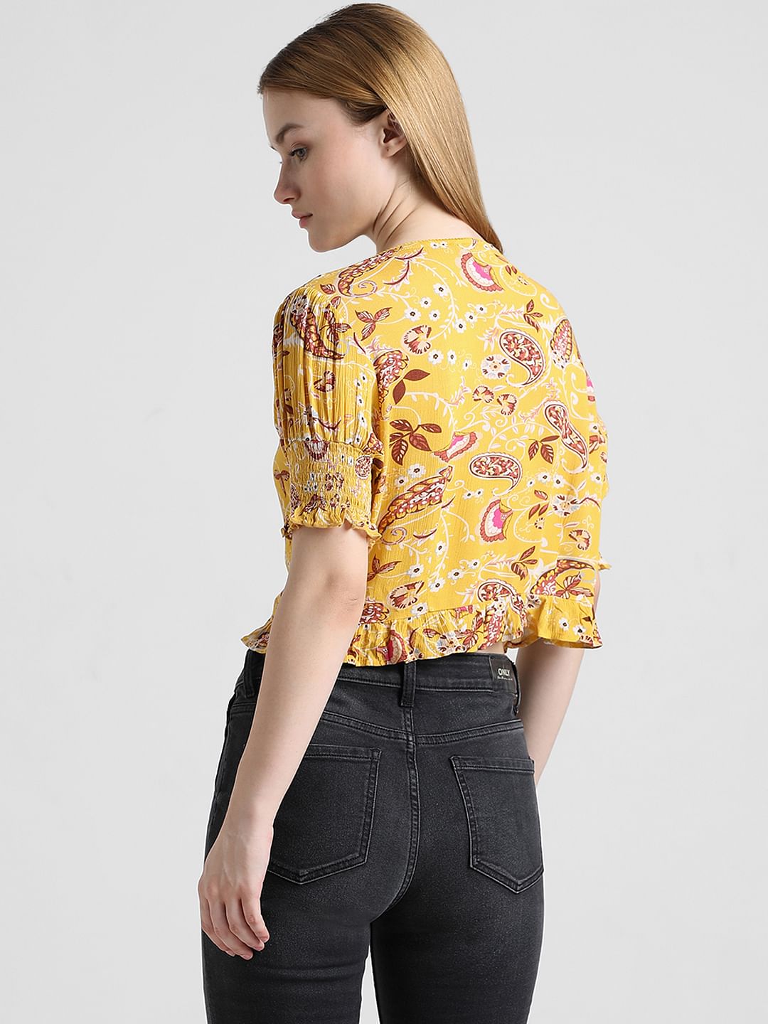 Yellow Printed Cropped Top