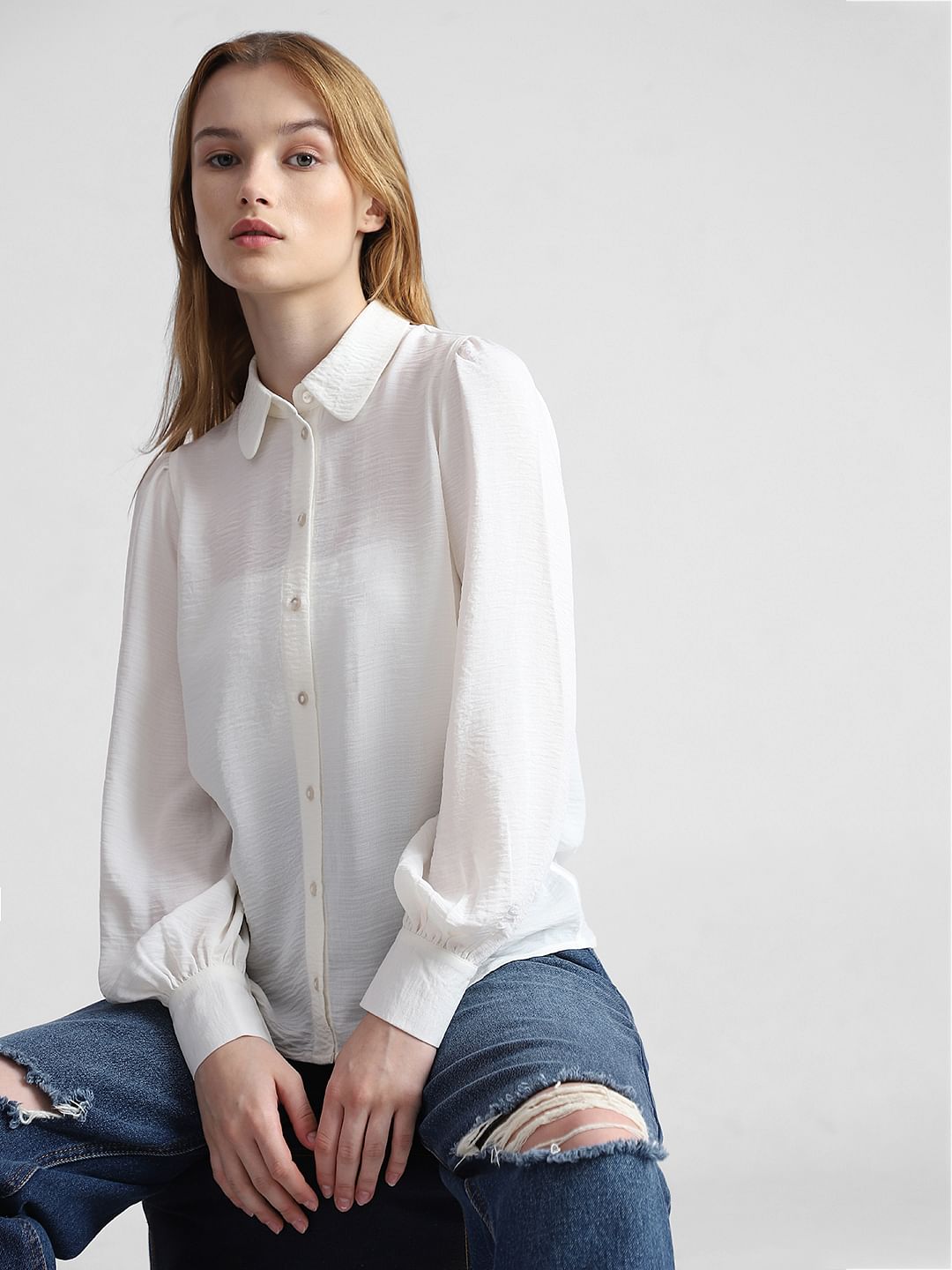 Beige Puff-Sleeves Shirt