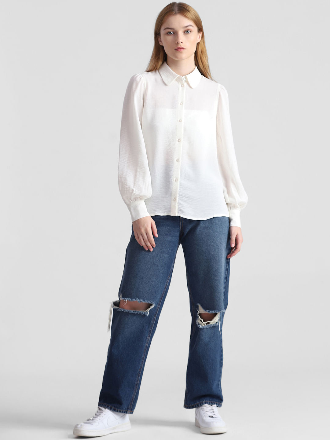 Beige Puff-Sleeves Shirt