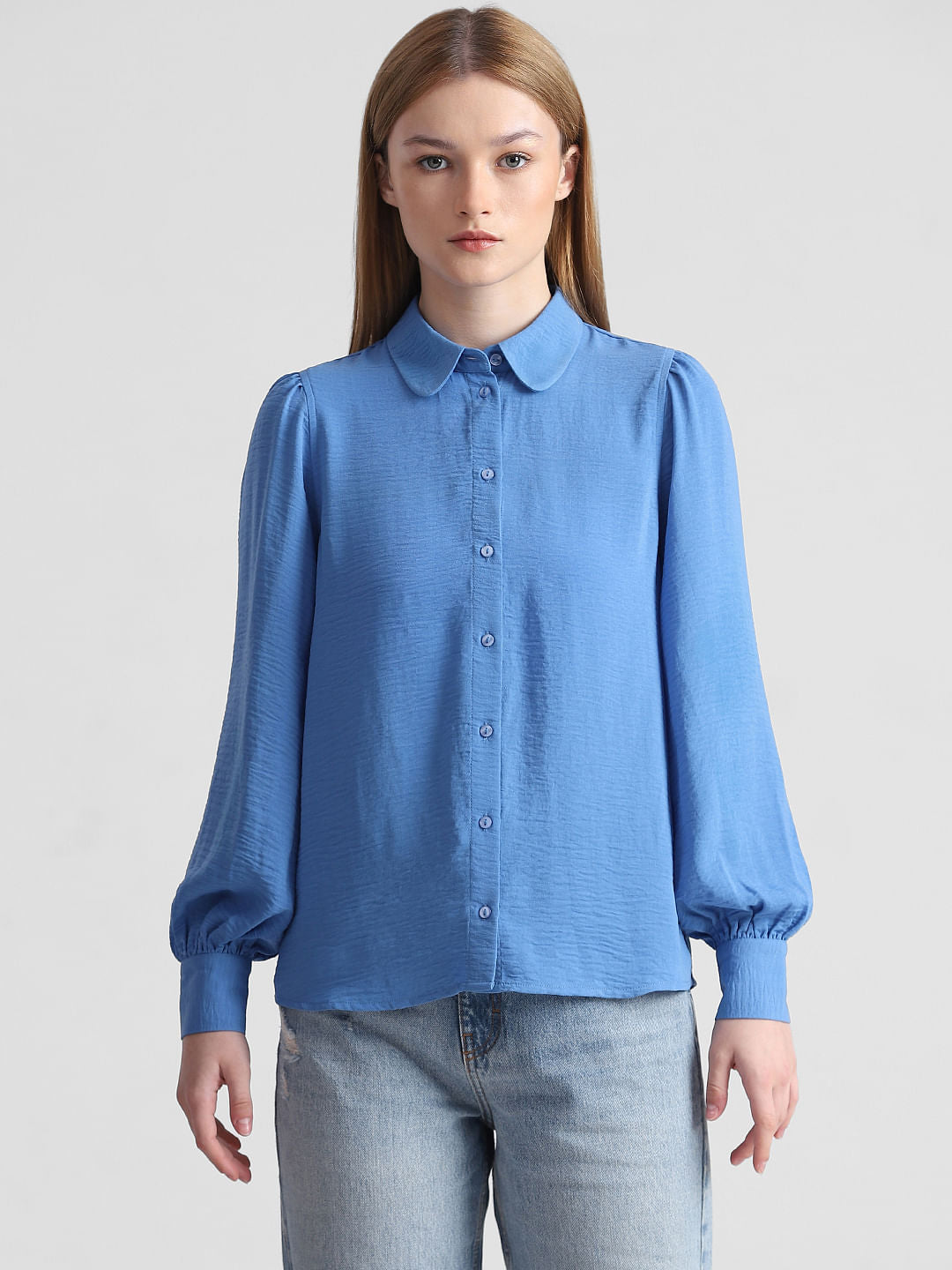 Blue Puff Sleeves Textured Shirt
