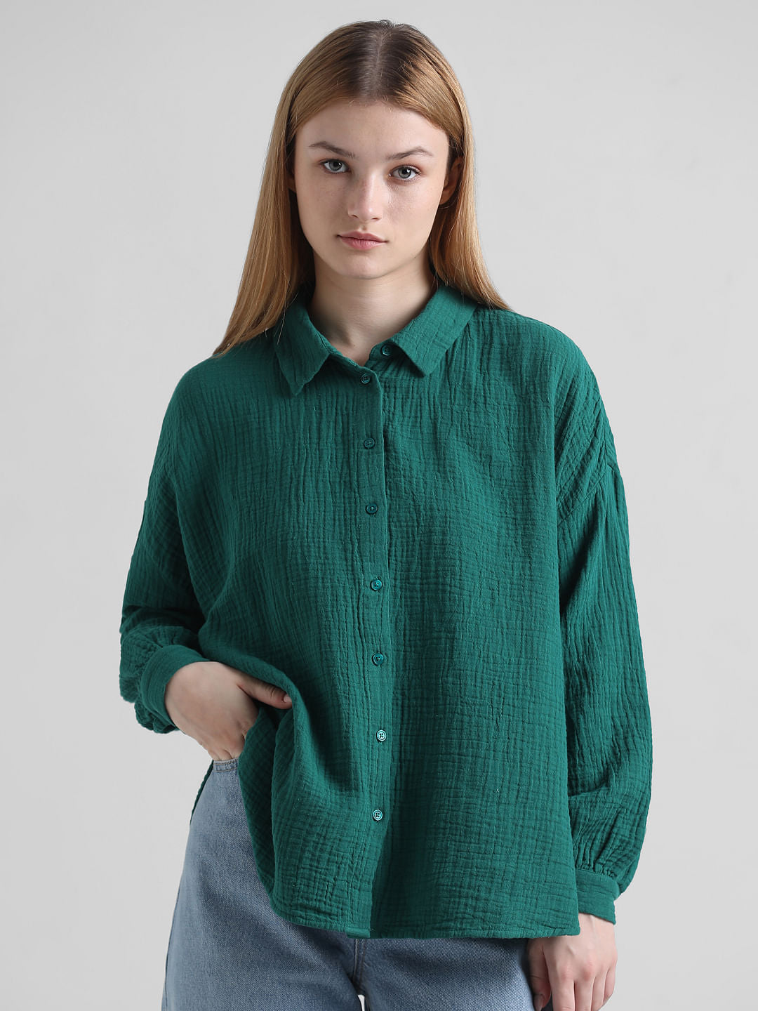 Green Crinkled Oversized Shirt