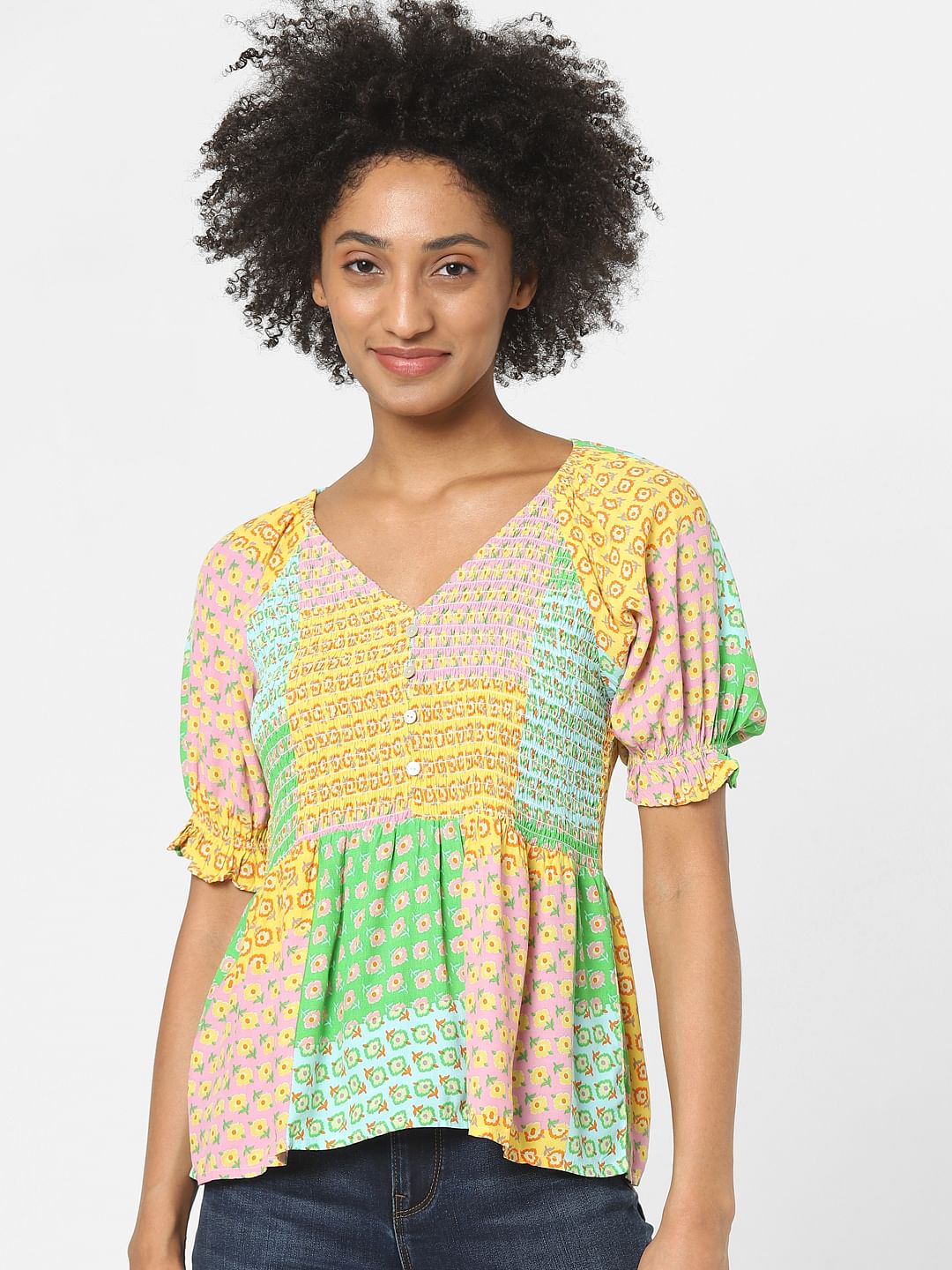 Green Colourblocked Printed Top