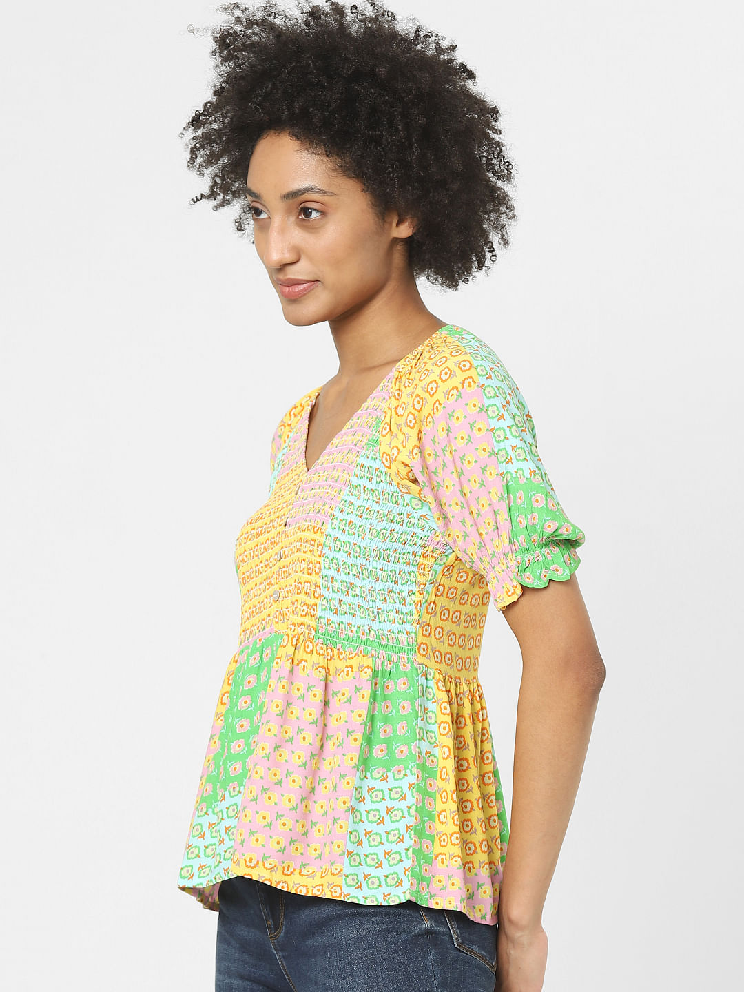 Green Colourblocked Printed Top