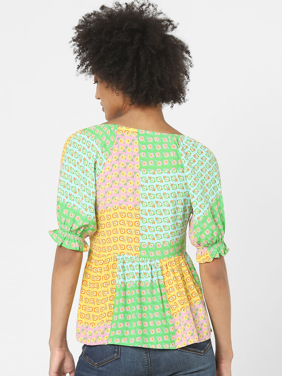 Green Colourblocked Printed Top