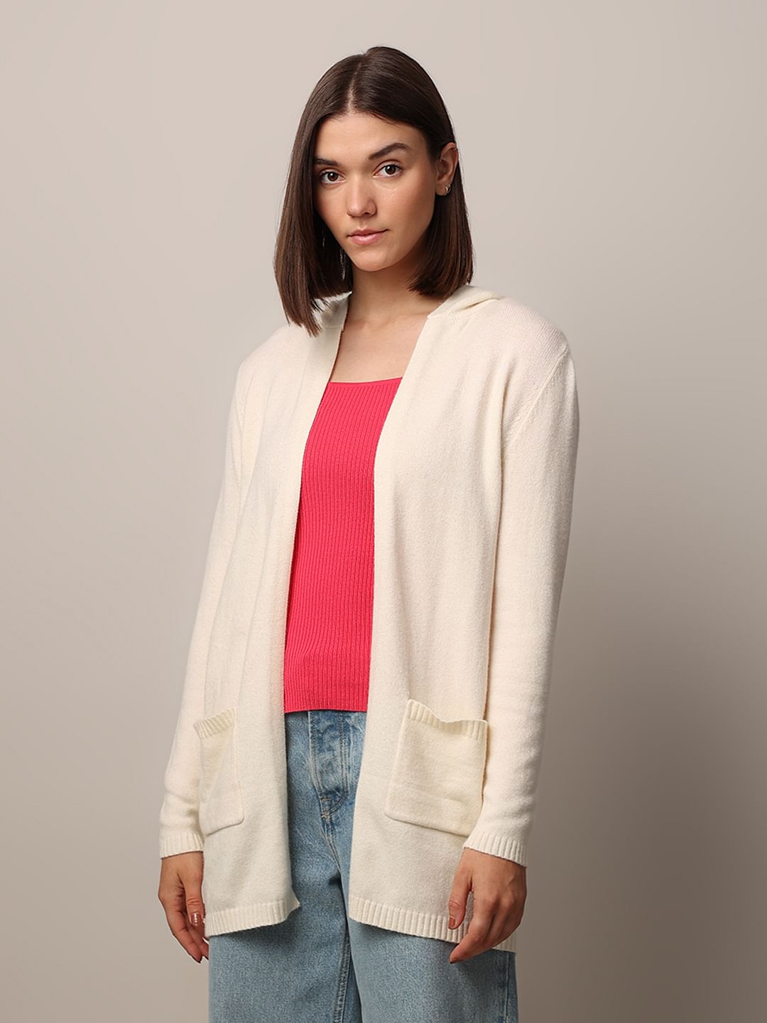 Cream Long Hooded Cardigan