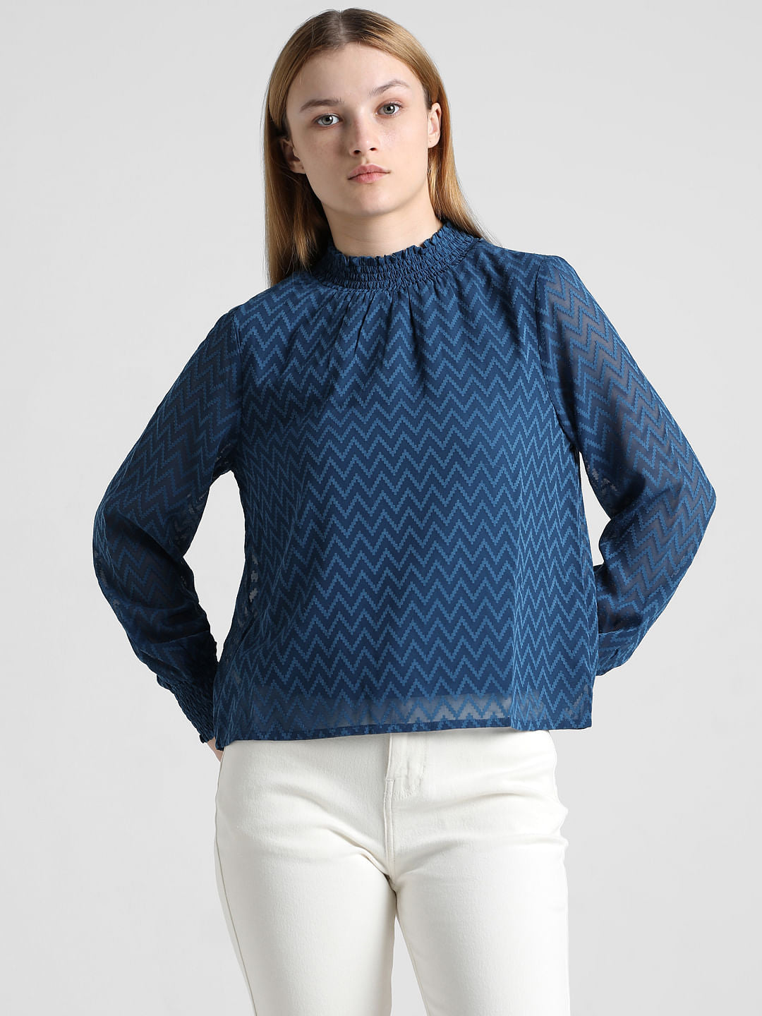 Blue Printed Sheer Cr Pe Top