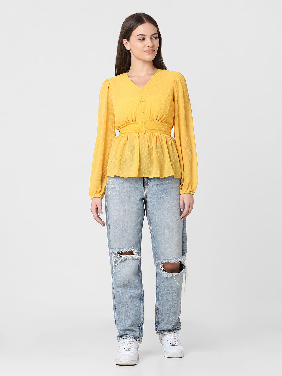 Yellow Textured V-Neck Top