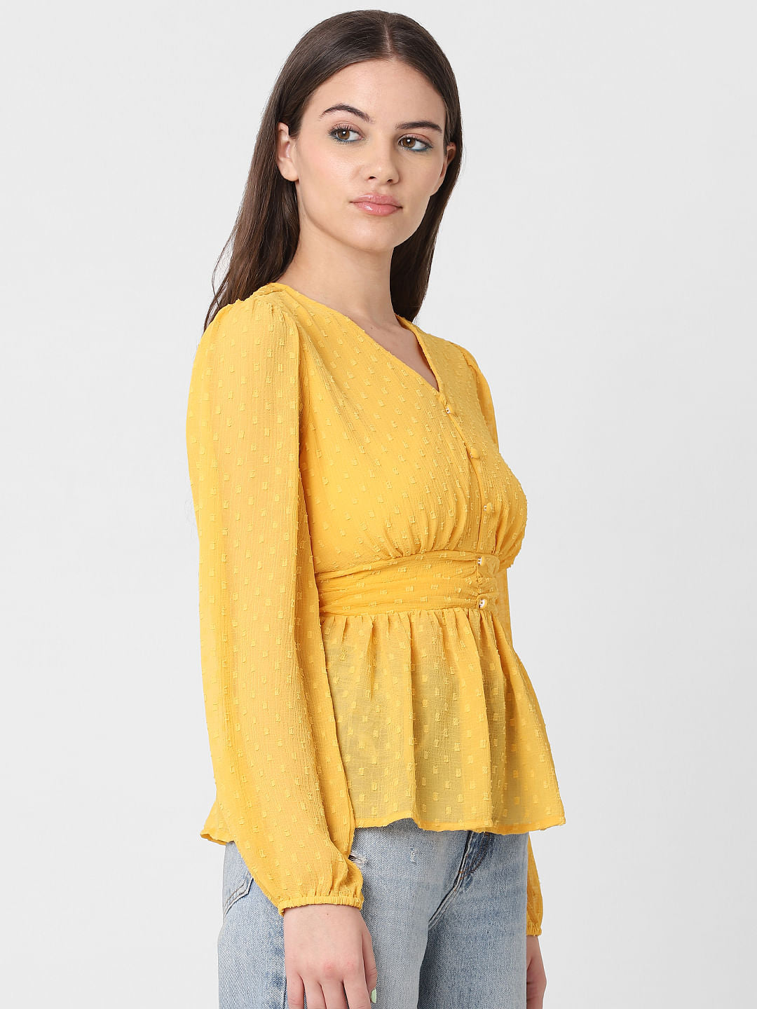 Yellow Textured V-Neck Top