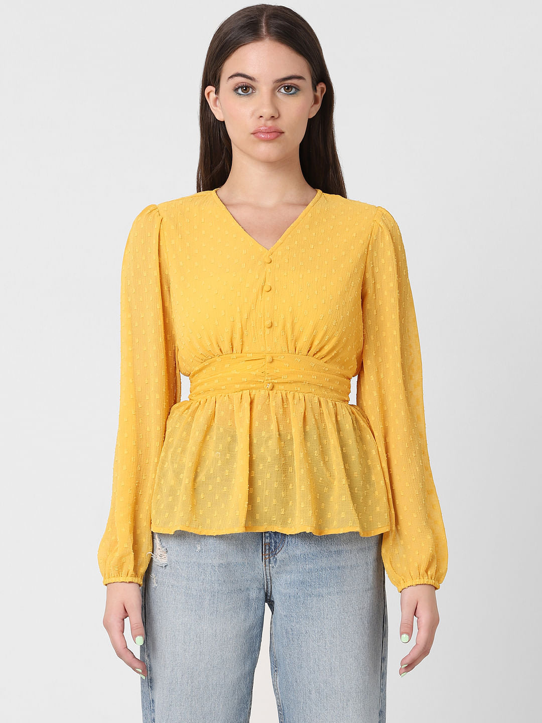 Yellow Textured V-Neck Top