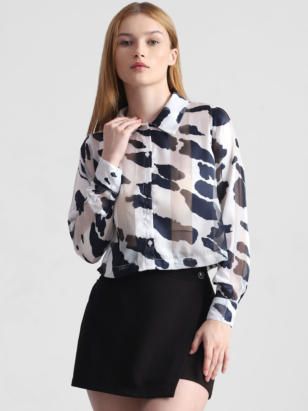 White & Black Printed Cropped Shirt