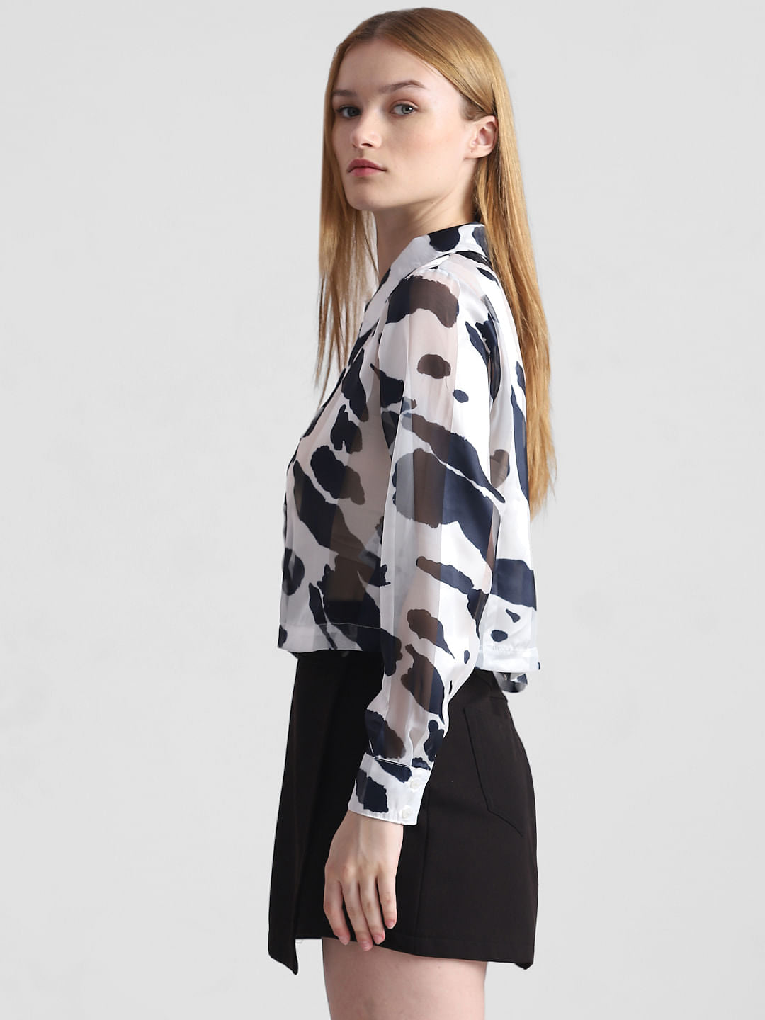 White & Black Printed Cropped Shirt