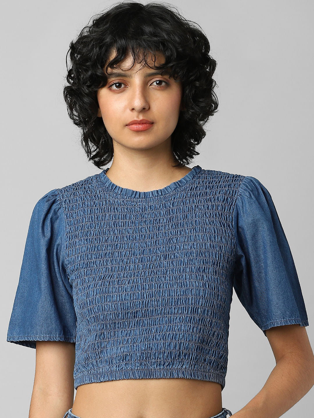 Blue Smocked Denim Top