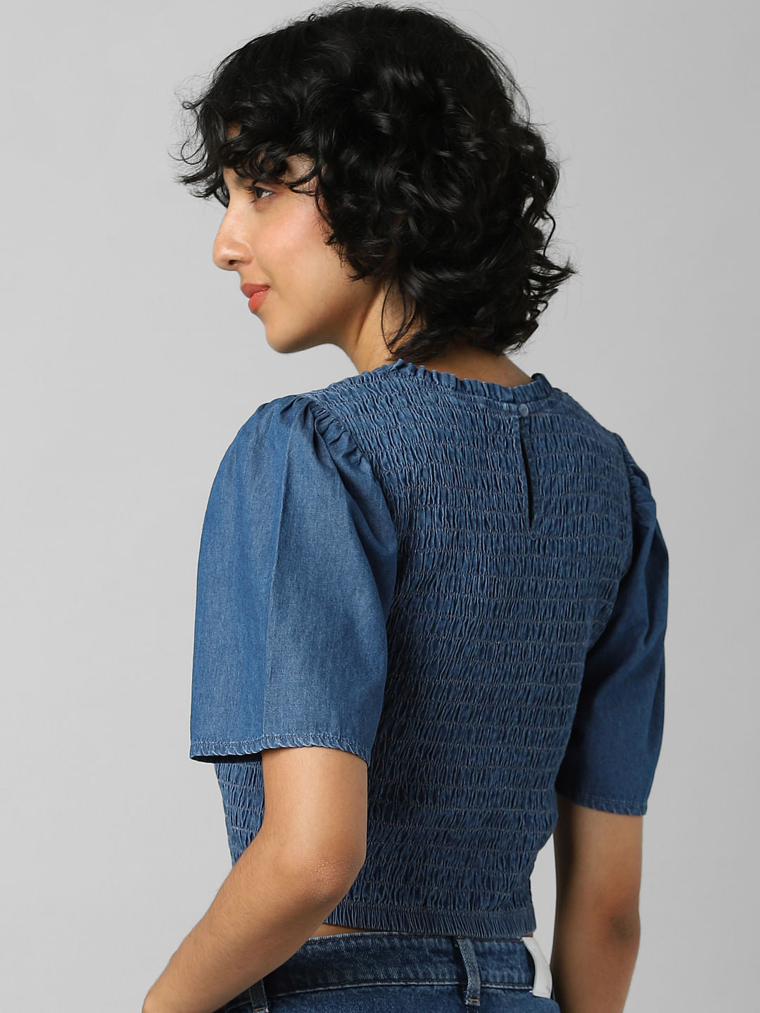 Blue Smocked Denim Top