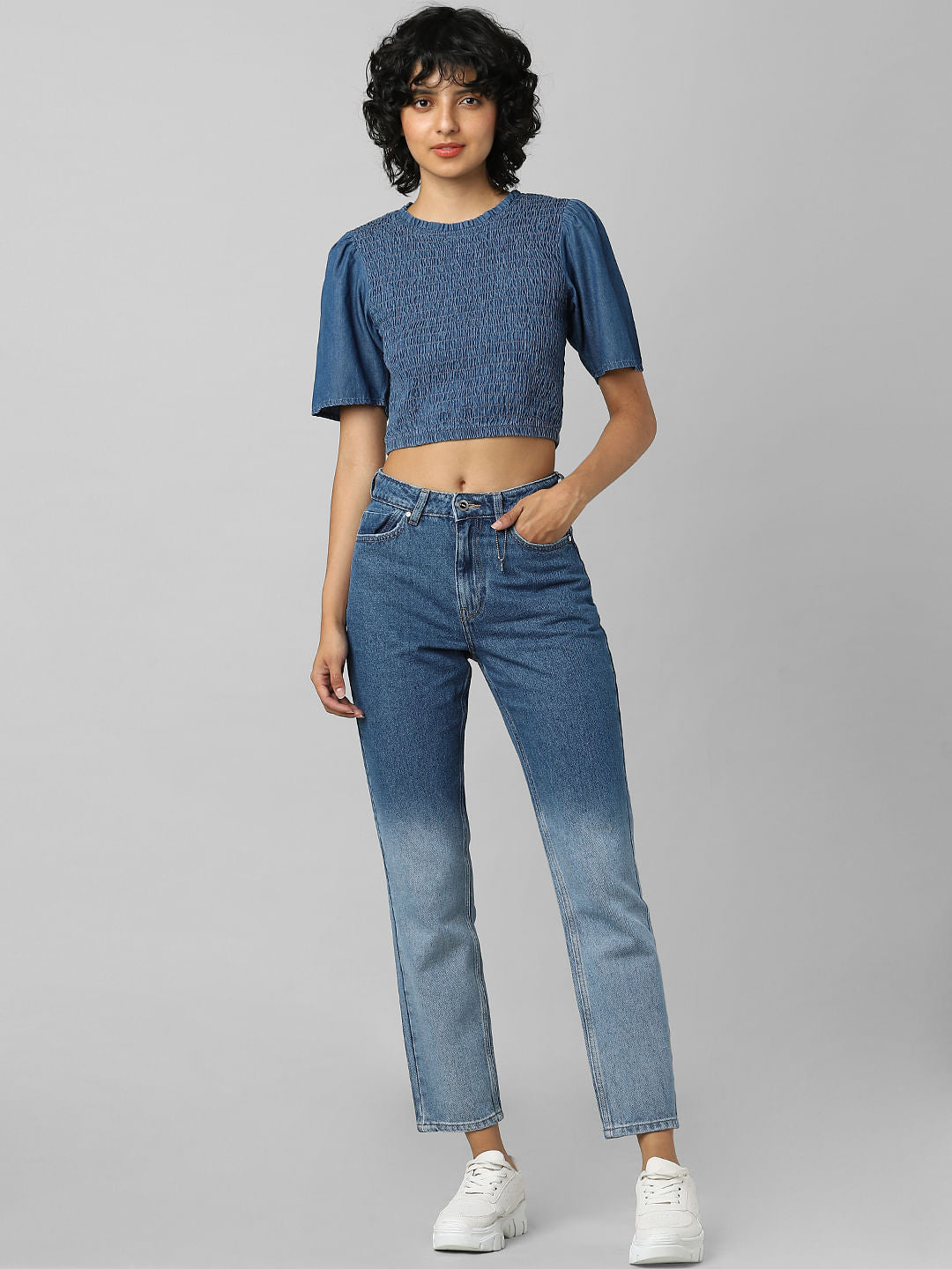 Blue Smocked Denim Top