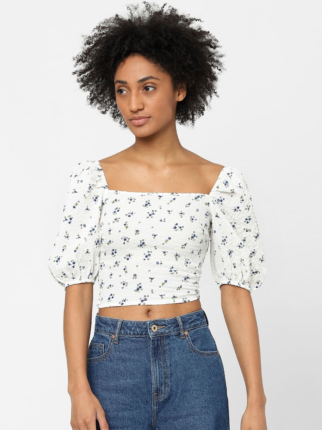 White Floral Crop Top