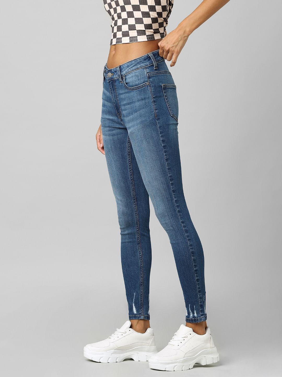 Blue High Rise Distressed Skinny Jeans