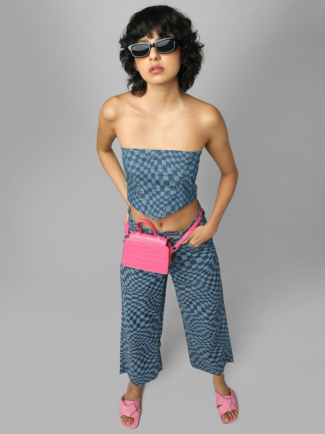 Blue Printed Denim Co-Ord Corset